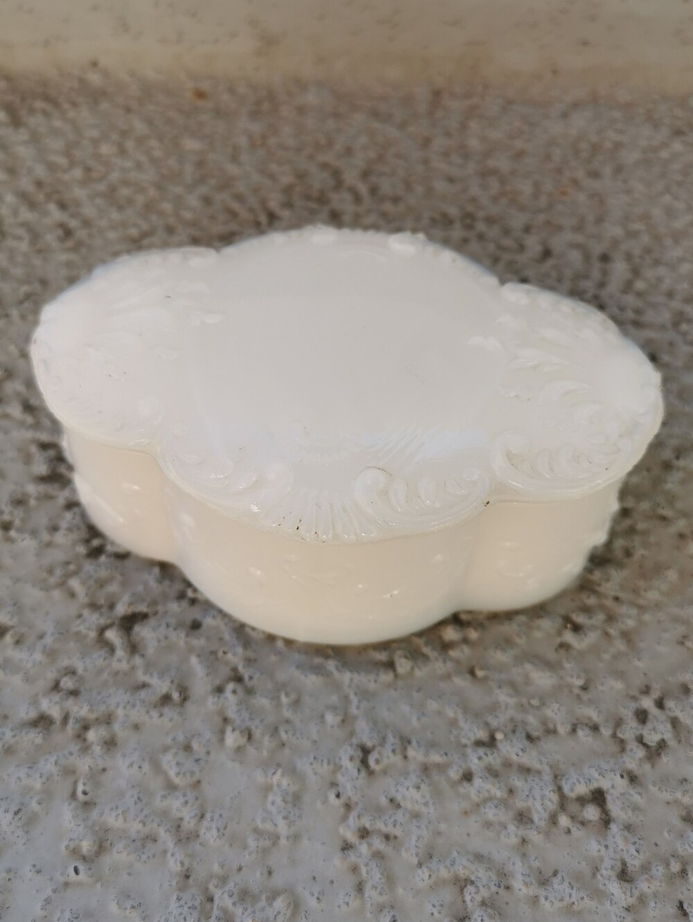 Vintage Milk Glass Lidded Trinket Box Embossed Scroll Cloud Shape Vanity Dish